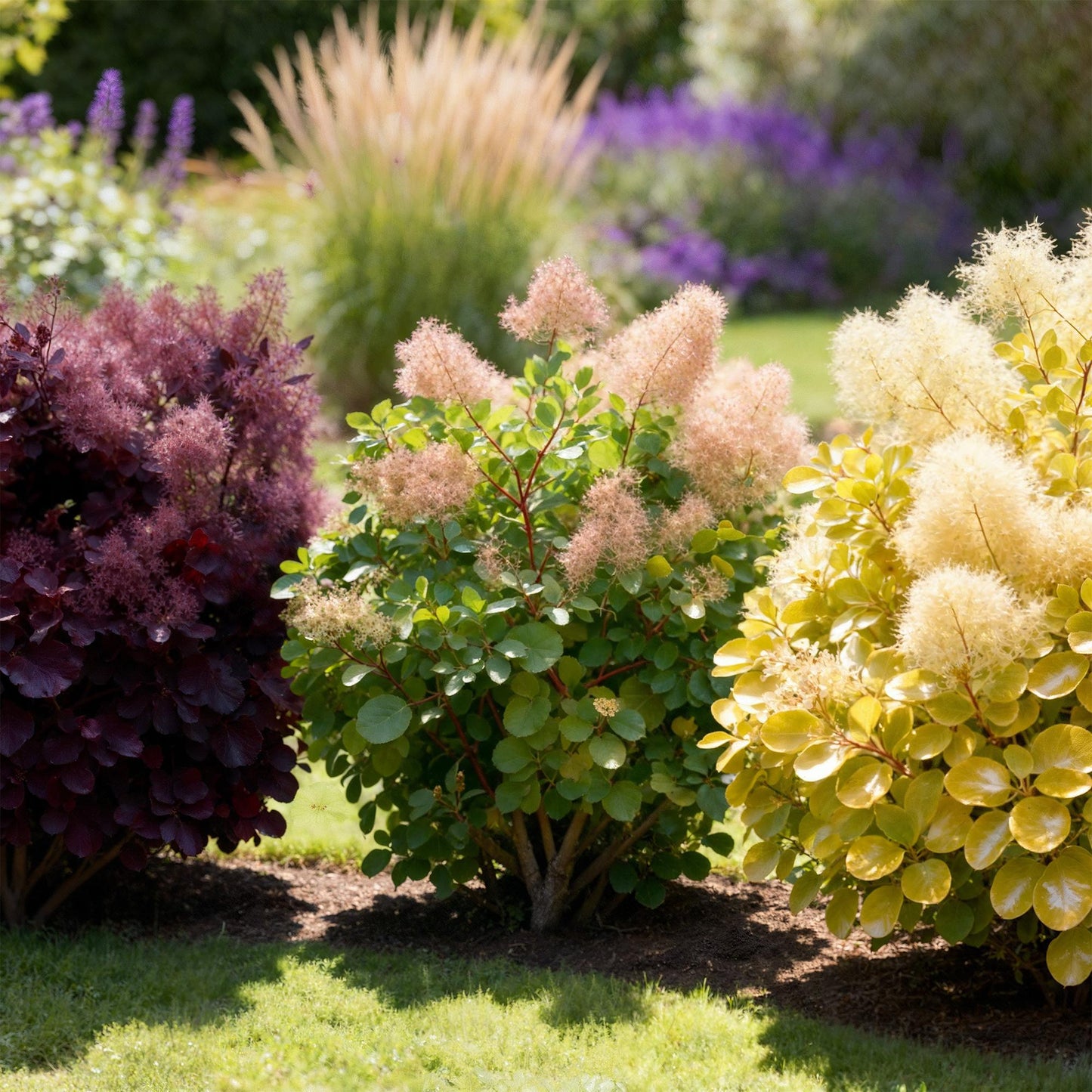 Green boutiQ - Tuinplant - Cotinus coggyria Tricolour - Paars-Groen-Geel - 3 Planten - Bladverliezend - Weinig Onderhoud - Pot 12cm Hoogte 35cm