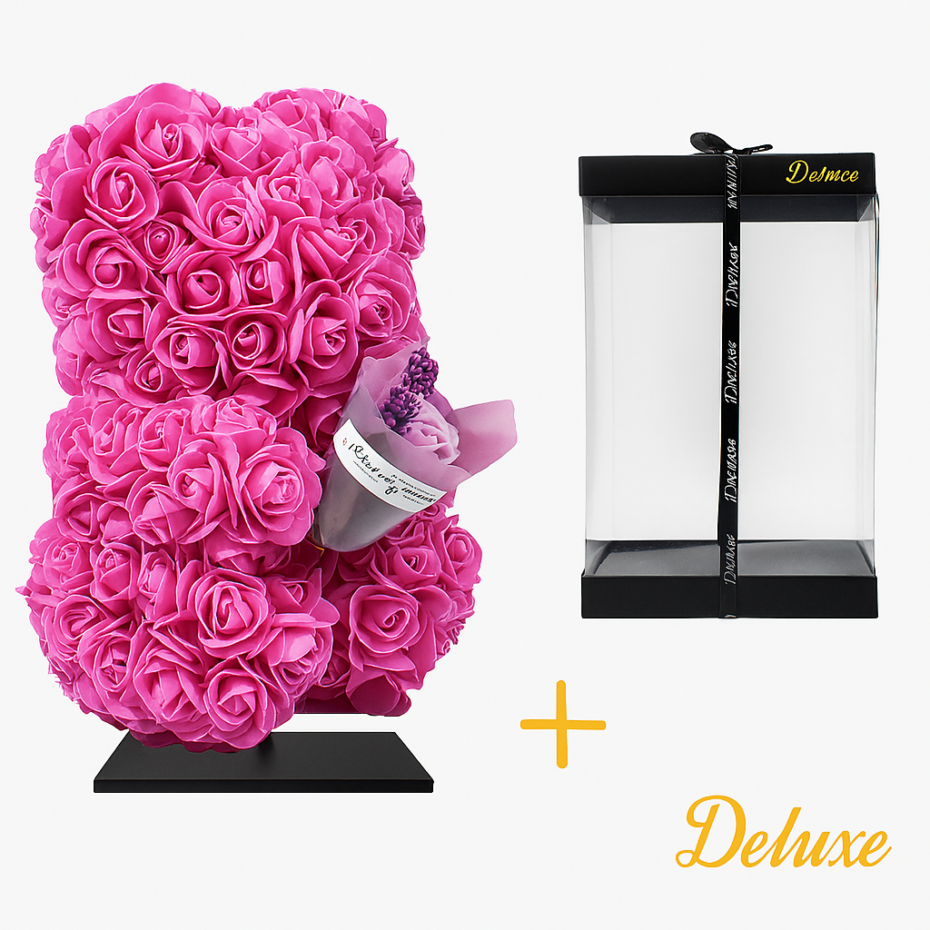 Beer DELUXE op standaard 25cm - fuchsia foam met boeket - in luxe cadeauverpakking 25 cm