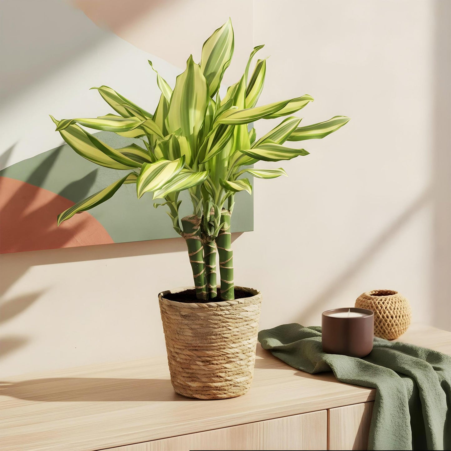 Green BoutiQ - Green is... Kamerplanten - Dracaena fragrans Diamond Dream - Drakenbloedboom - Weinig onderhoud - met mand - Groen - 1 Plant - Pot 17cm - Hoogte 50-55cm