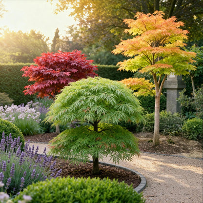 Green boutiQ - Tuinplant - Acer palmatum Tricolour - Rood-Groen-Oranje  - 3 Planten - Blad verliezend - Weinig Onderhoud - Pot 12cm Hoogte 35cm