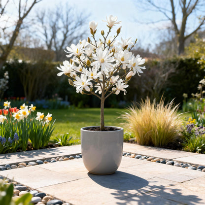 Green boutiQ - Plant op Stam - Magnolia stellata -Terras Plant - Bladverliezend - Winterhard - Witte Bloem - Pot 19cm Hoogte 90cm
