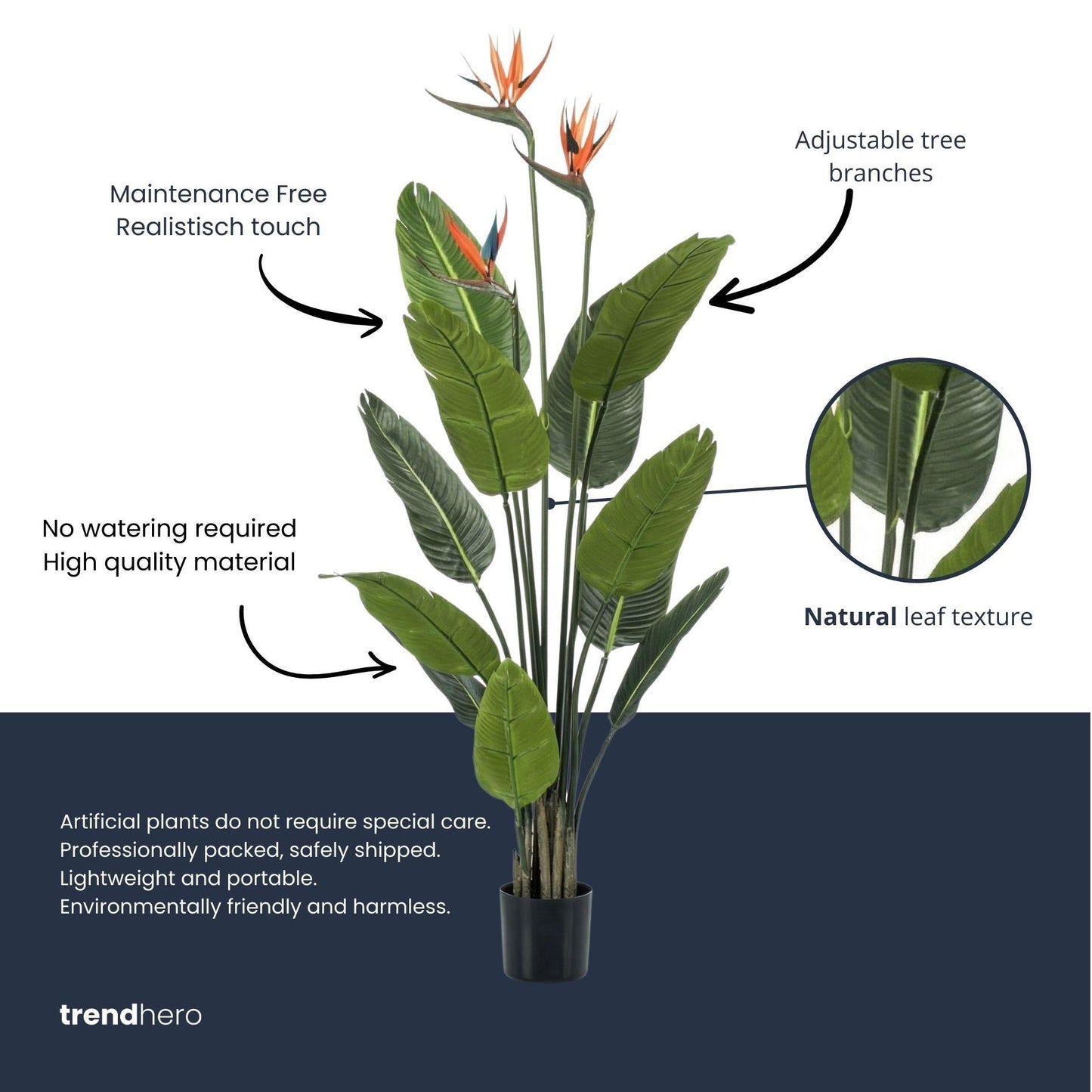 Strelitzia met bloemen - 120cm - In zwarte pot - Kunstplant - ARTIFICIAL