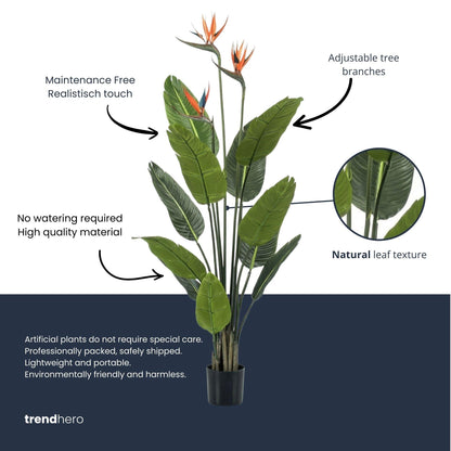 Strelitzia met bloemen - 120cm - In zwarte pot - Kunstplant - ARTIFICIAL
