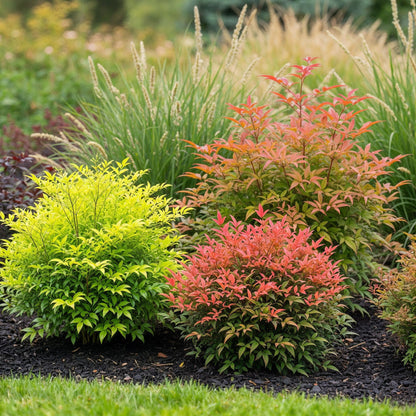 Green boutiQ - Tuinplant - Nandina Tricolour - Geel & Rood & Oranje - 3 Planten - Groenblijvend - Weinig Onderhoud - Pot 17cm Hoogte 45cm