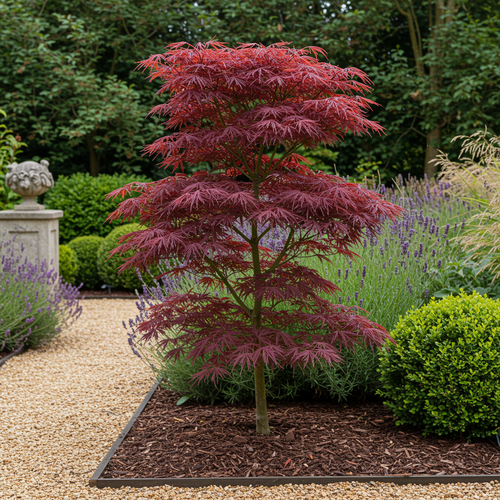 Green boutiQ - Terrasplant - Japanse Esdoorn - Acer palmatum Trompenburg -Donker Paars - 2 Planten - Bladverliezend - Pot 19cm Hoogte 70cm