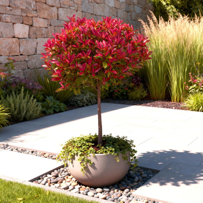 Green boutiQ - Plant op Stam - Photinia fraseri Carre Rouge - Terras Plant - Bladhoudend - Winterhard - Groen-Rood Blad - Pot 19cm Hoogte 90cm