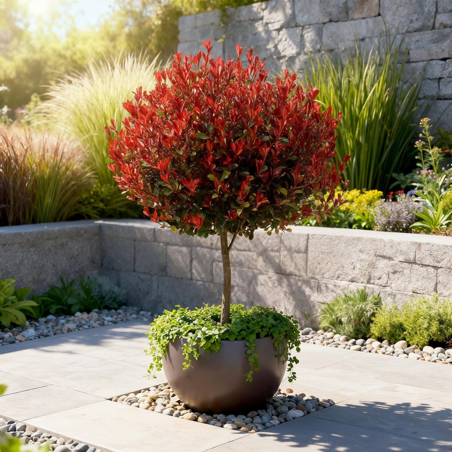 Green boutiQ - Plant op Stam - Photinia fraseri Little Red Robin - Terras Plant - Bladhoudend - Winterhard - Groen-Rood Blad - Pot 19cm Hoogte 90cm